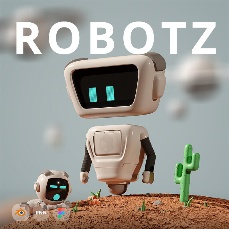 Free modular 3D cartoon robot with various heads, bodies, hands, and accessories. Blender, Figma, and PNG files are included | Robotz